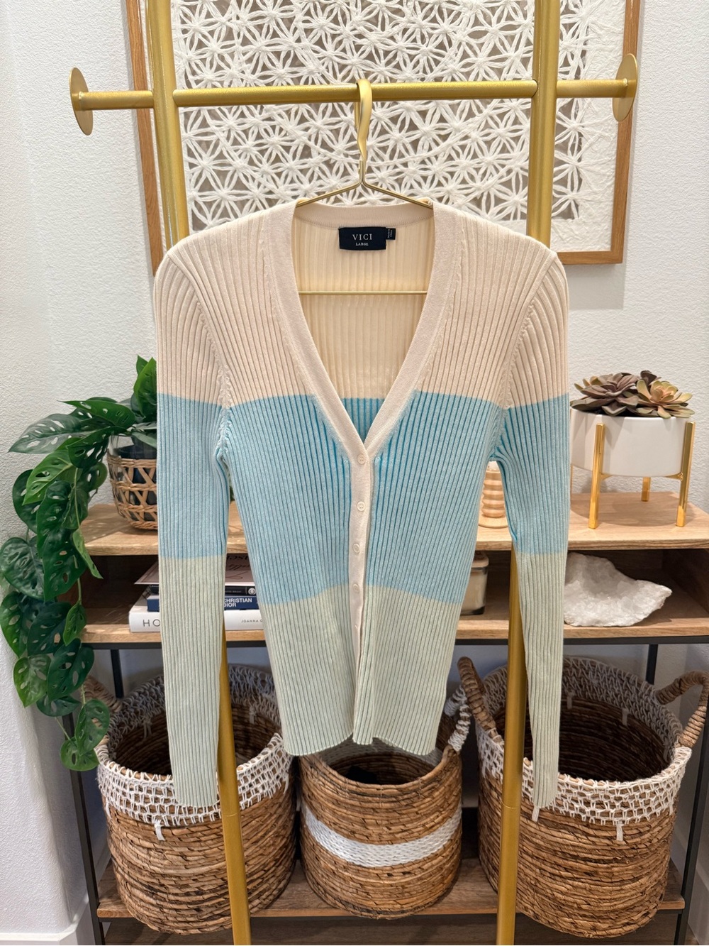 VICI Colorblock Ribbed Button-Up Cardigan - Cream, Blue & Mint